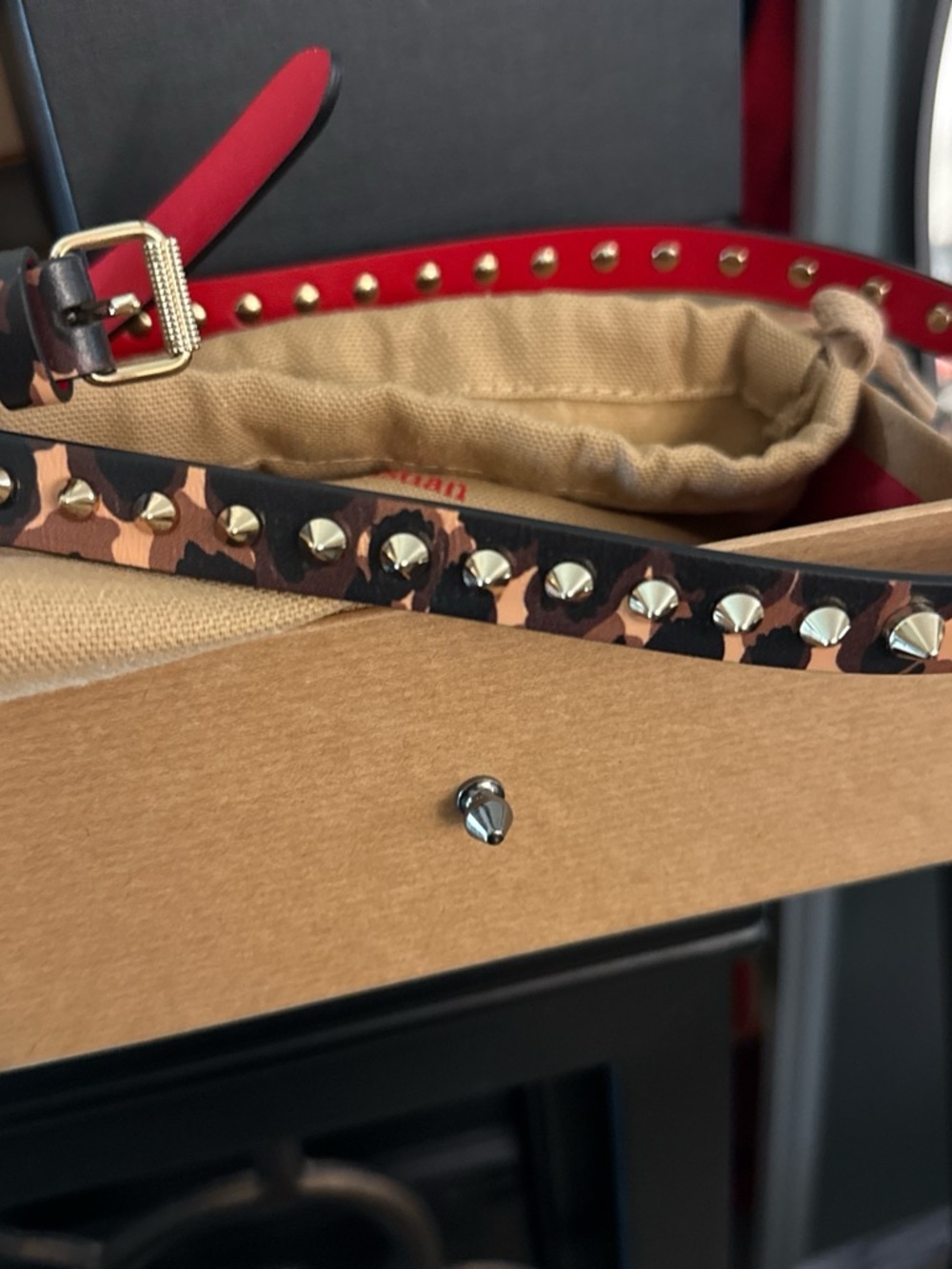 Christian Louboutin Leopard Print Studded Leather Strap - Black & Brown